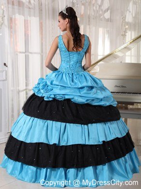 Light Blue and Black V-neck Beading Flower Elegant Sweet 15 Dresses