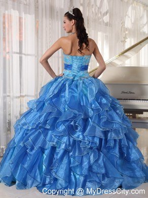 Blue Strapless Appliques Ruffles Fitted Waist Quinceanera Dress