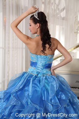 Blue Strapless Appliques Ruffles Fitted Waist Quinceanera Dress