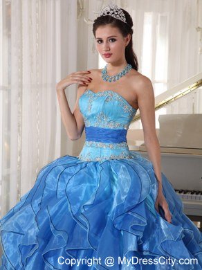 Blue Strapless Appliques Ruffles Fitted Waist Quinceanera Dress