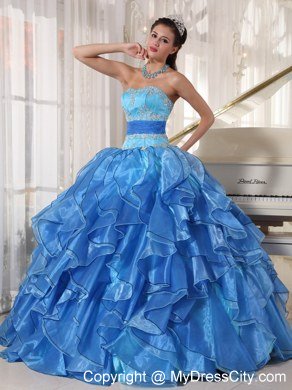 Blue Strapless Appliques Ruffles Fitted Waist Quinceanera Dress