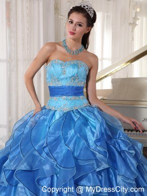 Blue Strapless Appliques Ruffles Fitted Waist Quinceanera Dress