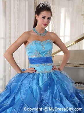 Blue Strapless Appliques Ruffles Fitted Waist Quinceanera Dress