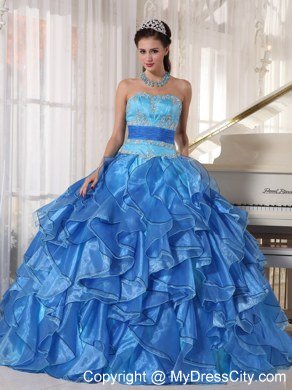 Blue Strapless Appliques Ruffles Fitted Waist Quinceanera Dress