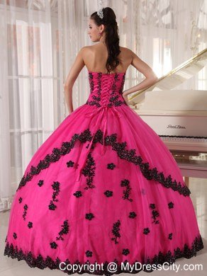 Hot Pink Sleeveless Strapless Lace Appliques Quinceanera Dress