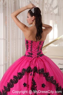 Hot Pink Sleeveless Strapless Lace Appliques Quinceanera Dress