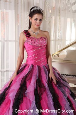 One Shoulder Flower Beading Ruffles Multi-colored Quinceanera Dress