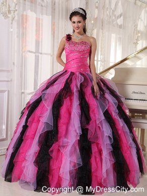 One Shoulder Flower Beading Ruffles Multi-colored Quinceanera Dress