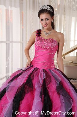 One Shoulder Flower Beading Ruffles Multi-colored Quinceanera Dress