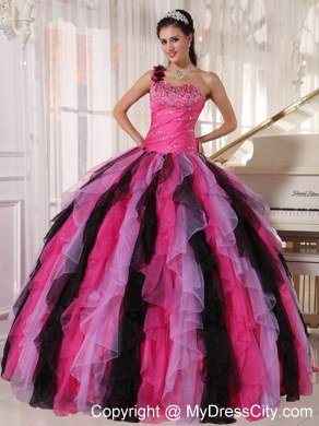 One Shoulder Flower Beading Ruffles Multi-colored Quinceanera Dress