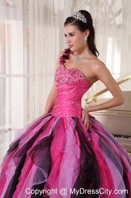 One Shoulder Flower Beading Ruffles Multi-colored Quinceanera Dress