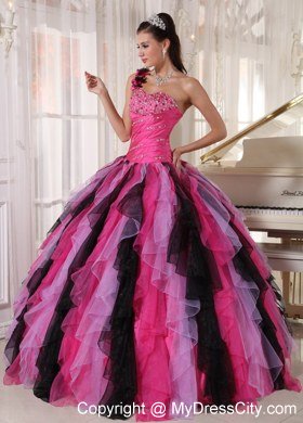 One Shoulder Flower Beading Ruffles Multi-colored Quinceanera Dress