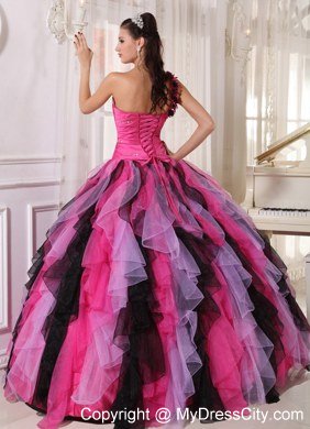 One Shoulder Flower Beading Ruffles Multi-colored Quinceanera Dress