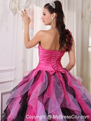 One Shoulder Flower Beading Ruffles Multi-colored Quinceanera Dress