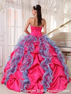 Hot Pink Ball Gown Beaded Strapless Quinceanera Dress with Ruffles