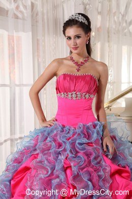 Hot Pink Ball Gown Beaded Strapless Quinceanera Dress with Ruffles