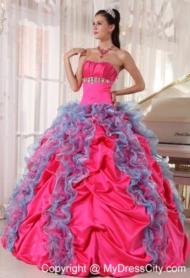 Hot Pink Ball Gown Beaded Strapless Quinceanera Dress with Ruffles