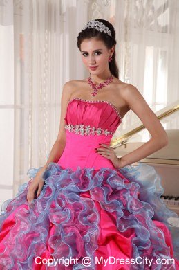 Hot Pink Ball Gown Beaded Strapless Quinceanera Dress with Ruffles