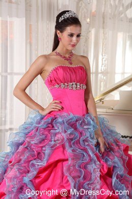 Hot Pink Ball Gown Beaded Strapless Quinceanera Dress with Ruffles