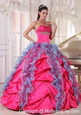 Hot Pink Ball Gown Beaded Strapless Quinceanera Dress with Ruffles