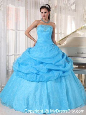 Baby Blue Strapless Appliques Long 2013 Sweet 15 Birthday Dress