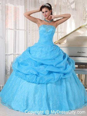 Baby Blue Strapless Appliques Long 2013 Sweet 15 Birthday Dress