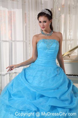 Baby Blue Strapless Appliques Long 2013 Sweet 15 Birthday Dress