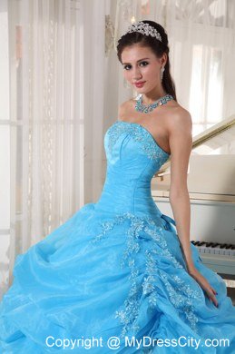 Baby Blue Strapless Appliques Long 2013 Sweet 15 Birthday Dress