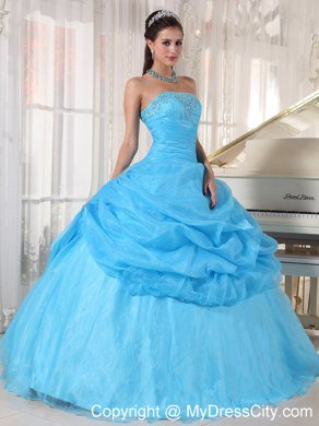 Baby Blue Strapless Appliques Long 2013 Sweet 15 Birthday Dress