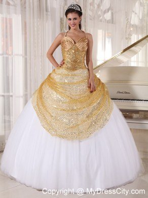 Paillette Over Skirt Halter Sequins Quinceanera Gowns with Fitted Waist