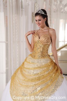 Paillette Over Skirt Halter Sequins Quinceanera Gowns with Fitted Waist