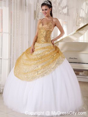 Paillette Over Skirt Halter Sequins Quinceanera Gowns with Fitted Waist