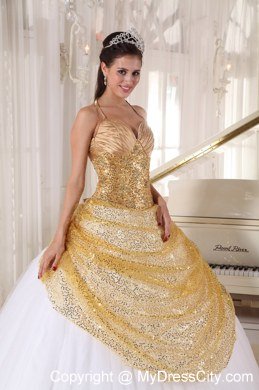 Paillette Over Skirt Halter Sequins Quinceanera Gowns with Fitted Waist