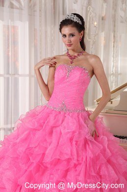 Beading Decorate Waist Hot Pink Ruffles Sleeveless Dress for Sweet 16