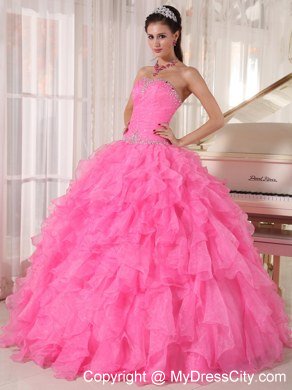 Beading Decorate Waist Hot Pink Ruffles Sleeveless Dress for Sweet 16