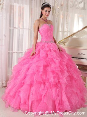 Beading Decorate Waist Hot Pink Ruffles Sleeveless Dress for Sweet 16