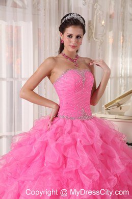 Beading Decorate Waist Hot Pink Ruffles Sleeveless Dress for Sweet 16