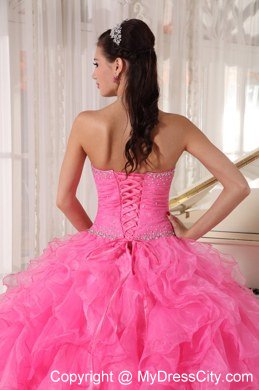 Beading Decorate Waist Hot Pink Ruffles Sleeveless Dress for Sweet 16