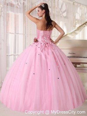 2013 Baby Pink Strapless Beading Ruching flower Sweet 15 Dresses