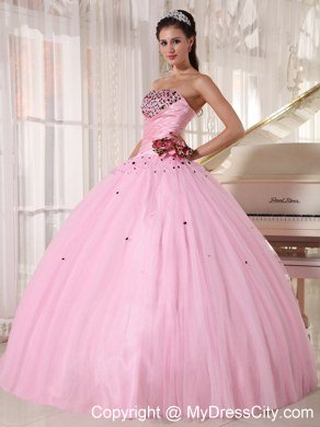 2013 Baby Pink Strapless Beading Ruching flower Sweet 15 Dresses