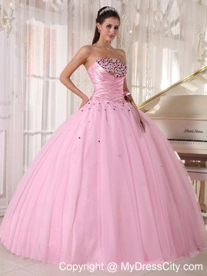 2013 Baby Pink Strapless Beading Ruching flower Sweet 15 Dresses