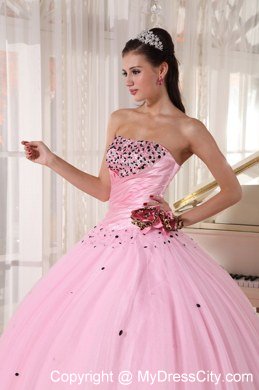 2013 Baby Pink Strapless Beading Ruching flower Sweet 15 Dresses