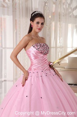 2013 Baby Pink Strapless Beading Ruching flower Sweet 15 Dresses