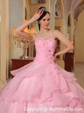 Pretty Sweetheart Beading Flower Ruffled Pink Sweet Sixteen Dresses