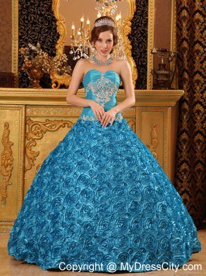 Flowers Embossed Gown For Quinceanera with Sweetheart in Teal