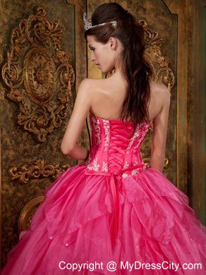 Gorgeous Puffy Strapless Appliques Ruffled Hot Pink Quinceanera Dress