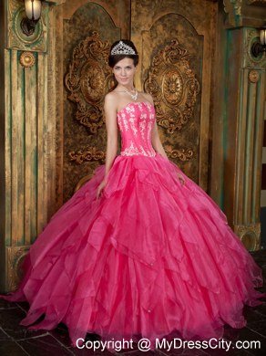 Gorgeous Puffy Strapless Appliques Ruffled Hot Pink Quinceanera Dress