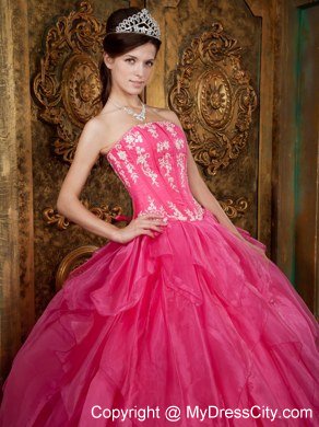 Gorgeous Puffy Strapless Appliques Ruffled Hot Pink Quinceanera Dress