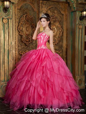 Gorgeous Puffy Strapless Appliques Ruffled Hot Pink Quinceanera Dress