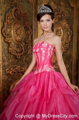 Gorgeous Puffy Strapless Appliques Ruffled Hot Pink Quinceanera Dress